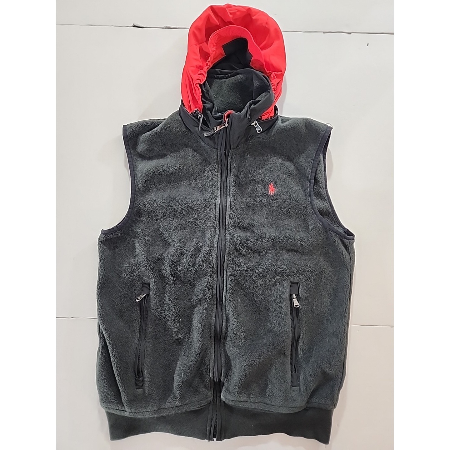 Polo Ralph Lauren Black Polartec Fleece Vest Packable Hood Hoodie Size Medium
